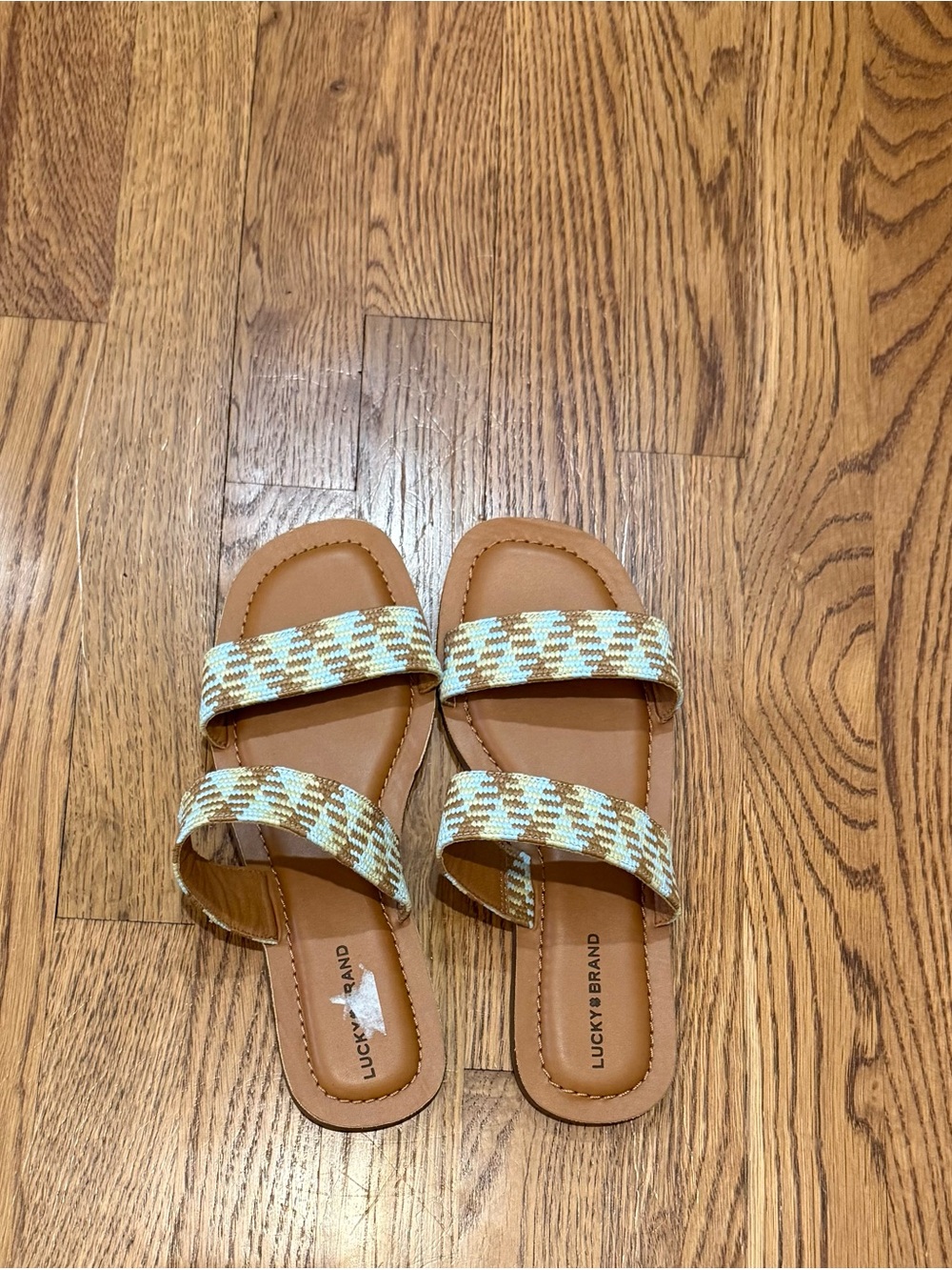 Lucky Brand Tan Slides with Light Blue and Cream Beaded Straps